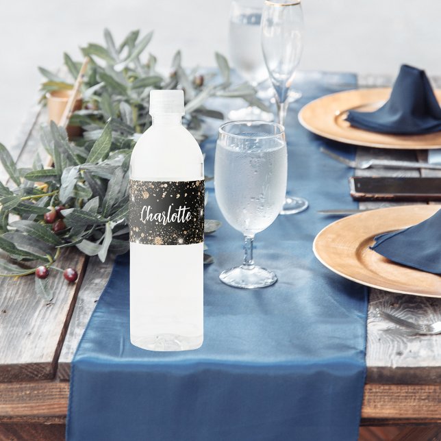 Black gold sparkles name script water bottle label (Creator Uploaded)