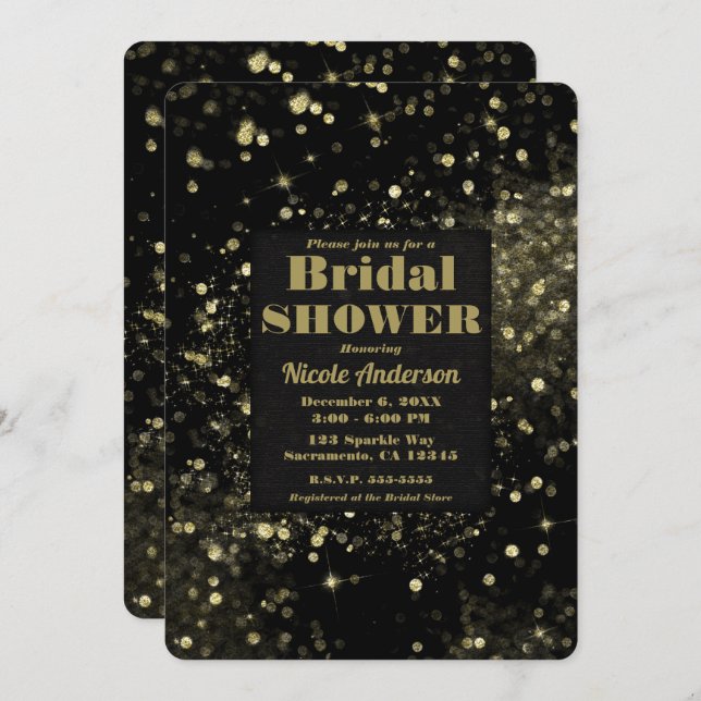 Black & Gold Sparkling Lights Glam Bridal Shower Invitation (Front/Back)