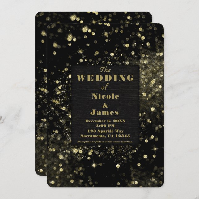 Black & Gold Sparkling Lights Glam Wedding Invitation (Front/Back)