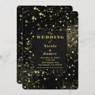 Black & Gold Sparkling Lights Glam Wedding Invitation