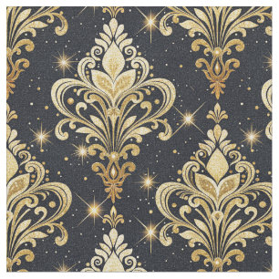 Black & Gold Sparkling Royal Floral Damask Pattern Fabric
