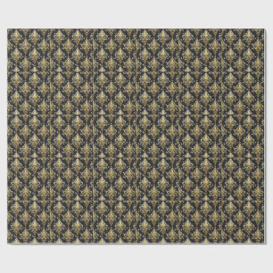 Black & Gold Sparkling Royal Floral Damask Pattern Wrapping Paper
