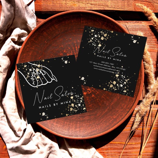 Black Gold Specks Hand Nail Salon Square Business Card (Creator Uploaded)