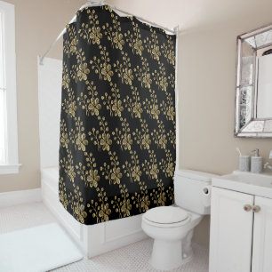 BLACK GOLD SPRING THEME FLORAL PATTERN SHOWER CURTAIN