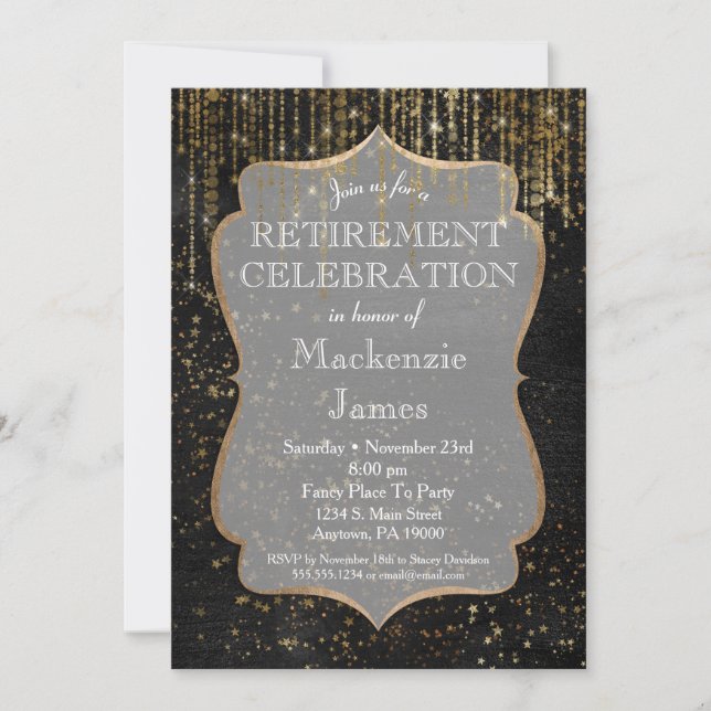 Black Gold Star Bling Retirement Party Invitation (Front)