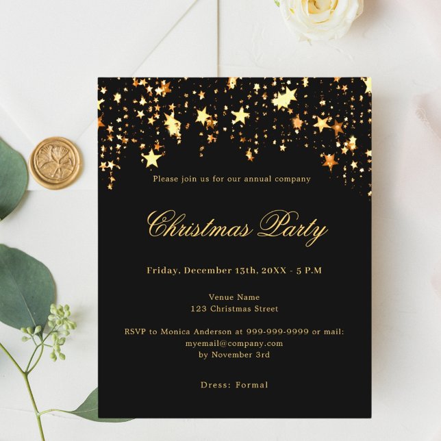Black gold star company Christmas Party invitation (Creator Uploaded)