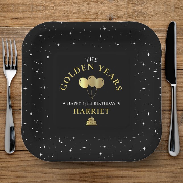 Black & Gold Star Golden Years 65th Birthday Paper Plate (Black & Gold Star Golden Years 65th Birthday Paper Plates)