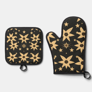 Black Gold Star Pattern Celestial Night Sky Oven Mitt & Pot Holder Set