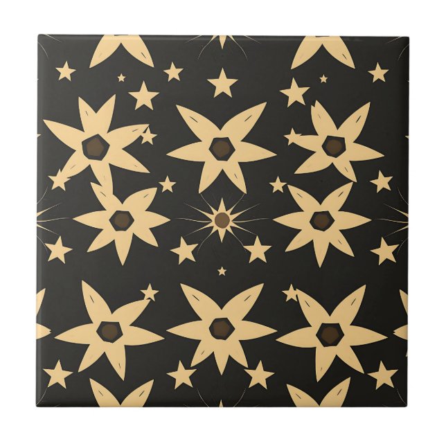 Black Gold Star Pattern Celestial Night Sky  Tile (Front)