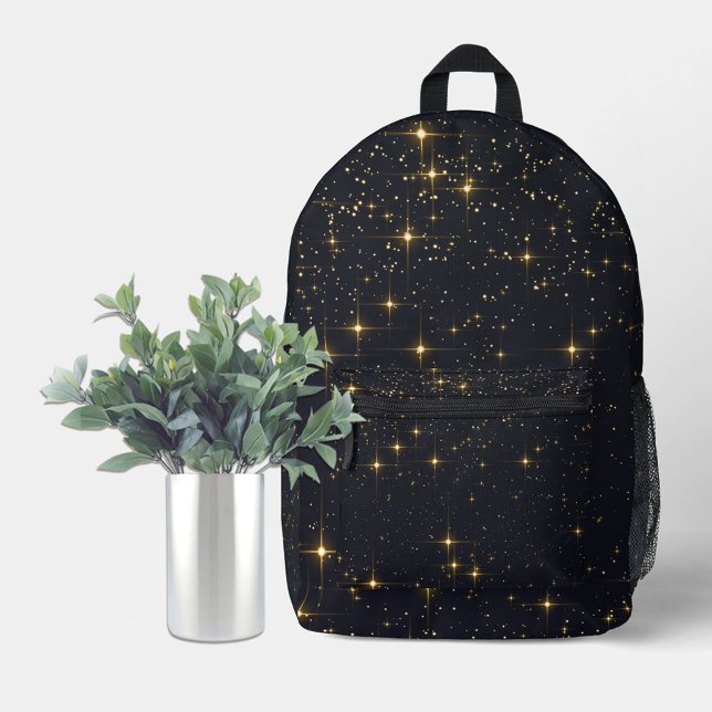 Black Gold Starry Night Printed Backpack (Black and gold sparkle backpack. Custom with your text, photos, etc.)