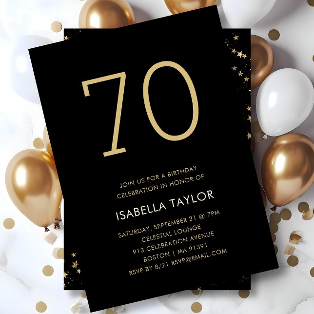 Black & Gold Stars 70th Birthday Invitation (Creator Uploaded)