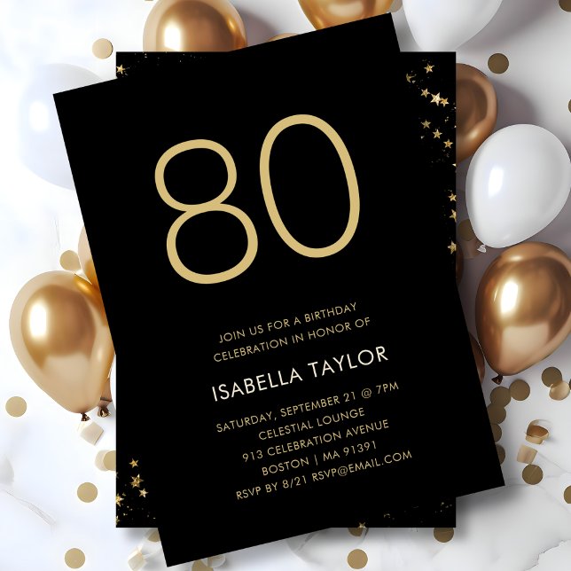 Black & Gold Stars 80th Birthday Invitation (Creator Uploaded)