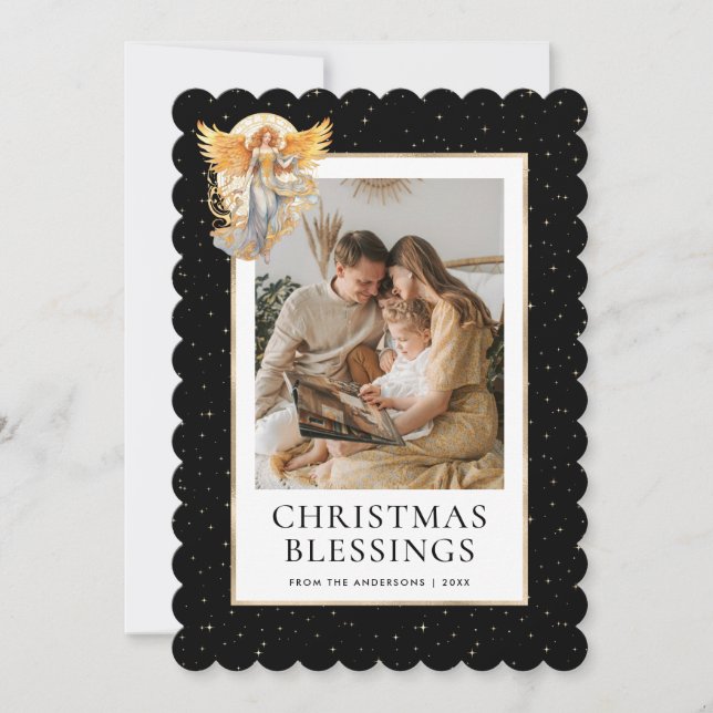 Black Gold Stars Angel Christmas Blessings Photo Holiday Card (Front)