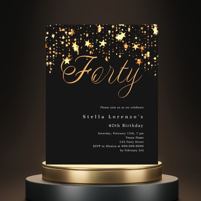 Black gold stars budget 40th birthday invitation (Creator Uploaded)