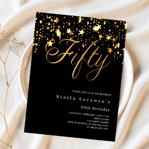 Black gold stars budget 50th birthday invitation