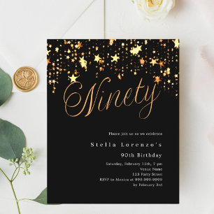 Black gold stars budget 90th birthday invitation