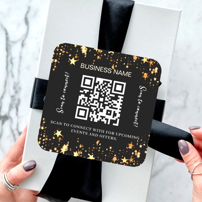 Black gold stars business name qr code  square sticker (Creator Uploaded)