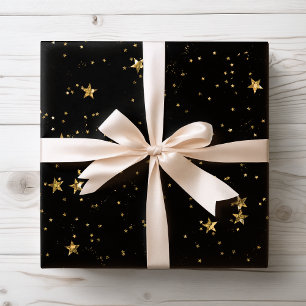 Black & Gold Stars Celestial Wrapping Paper