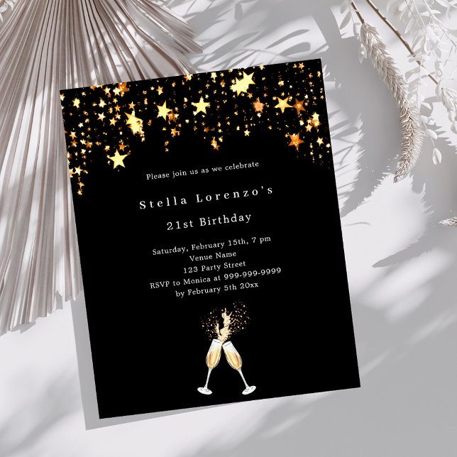Black gold stars cheers birthday invitation (Creator Uploaded)