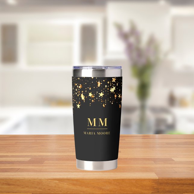 Black gold stars custom monogram initials name insulated tumbler (Creator Uploaded)