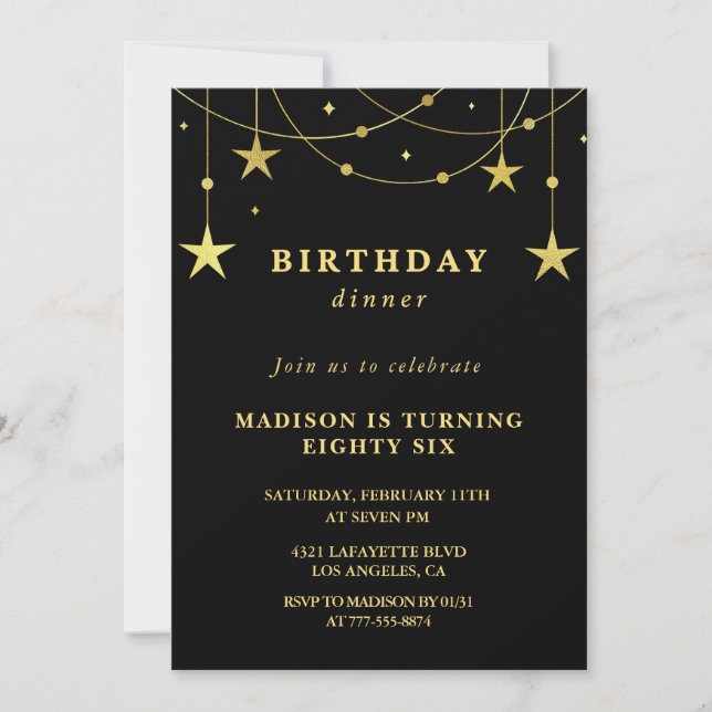 Black Gold Stars Dinner 86th birthday invitations  (Front)