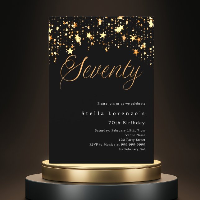 Black gold stars elegant luxury 70th birthday invitation (Creator Uploaded)