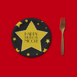 Black  Gold Stars Hollywood Birthday Name Paper Plate
