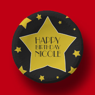 Black  Gold Stars Hollywood Birthday Name Paper Plate