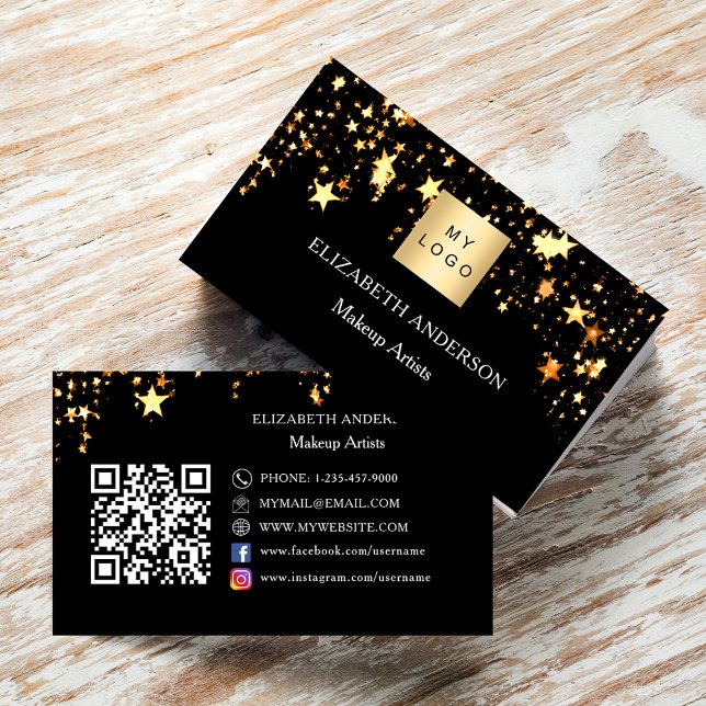 Black gold stars logo Qr code social media Business Card (Creator Uploaded)