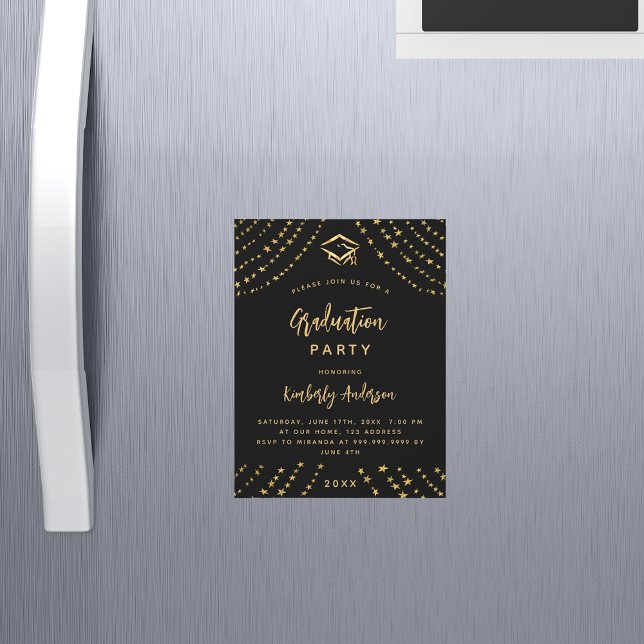 Black gold stars modern luxury graduation party magnetic invitation (Creator Uploaded)