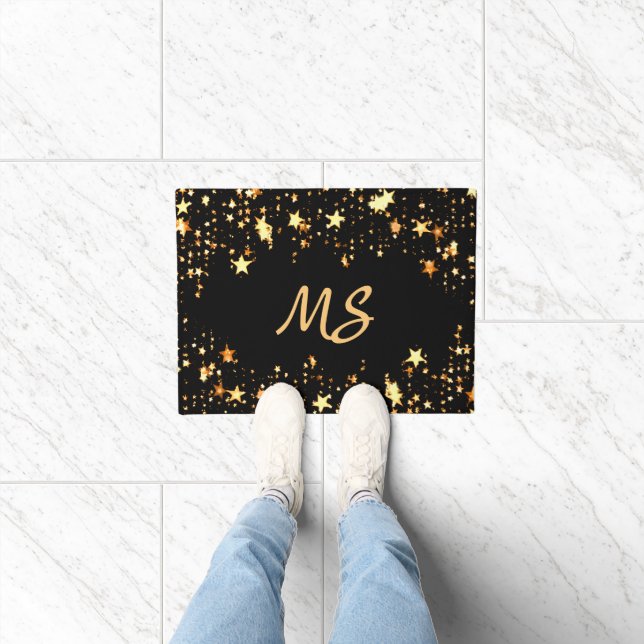 Black gold stars monogram elegant doormat (Indoor)