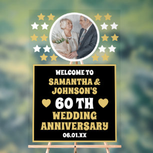 Black Gold Stars Photo 60th wedding anniversary Acrylic Sign