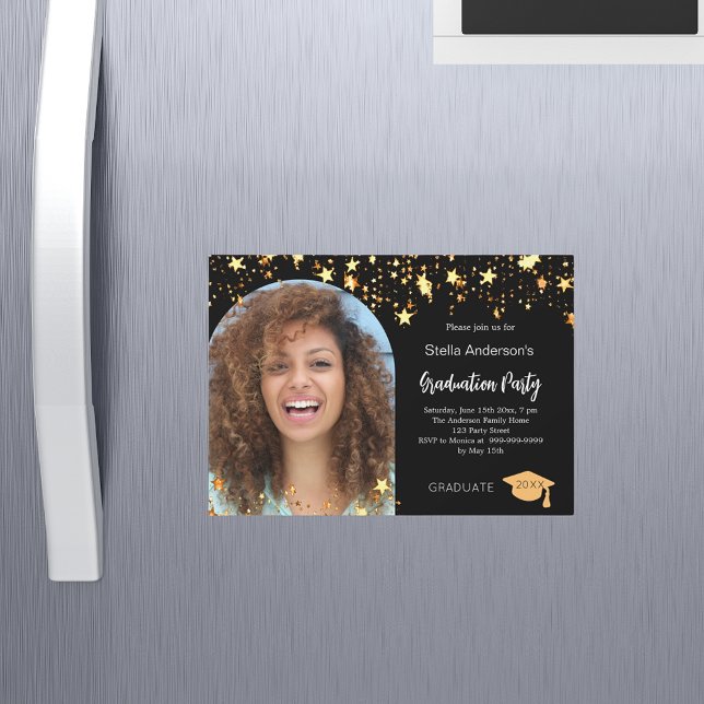 Black gold stars photo arch graduation party magnetic invitation (Creator Uploaded)