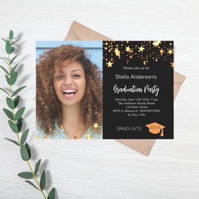 Black gold stars photo graduation party invitation (Creator Uploaded)