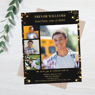 Black gold stars photo Graduation Party invitation