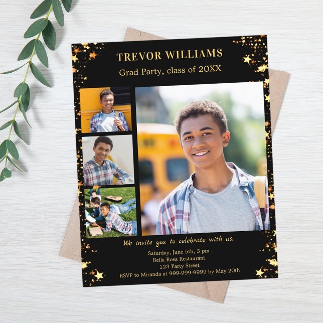 Black gold stars photo Graduation Party invitation (Creator Uploaded)