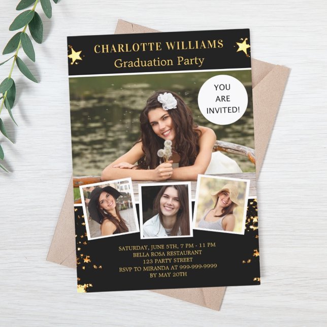 Black gold stars photo graduation party invitation (Creator Uploaded)