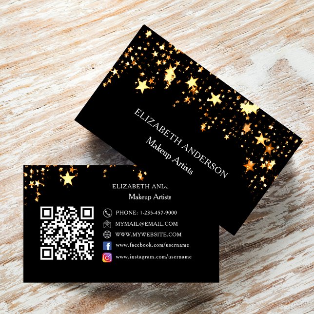 Black gold stars Qr code social media Business Card (Creator Uploaded)