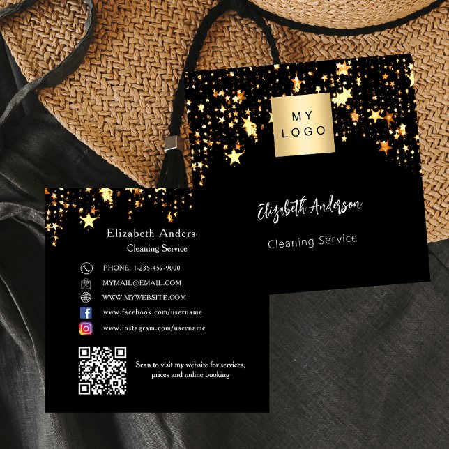 Black gold stars QR code social media logo Square Business Card (Creator Uploaded)