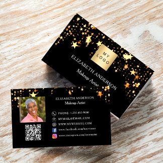 Black gold stars Qr code social media photo logo Business Card