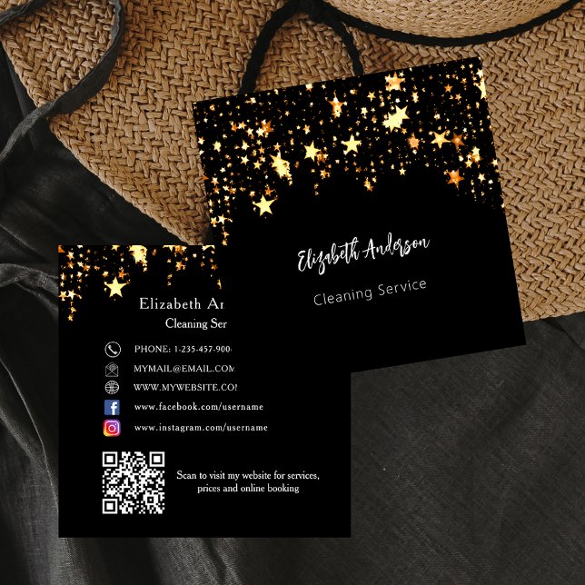 Black gold stars QR code social media Square Business Card (Creator Uploaded)