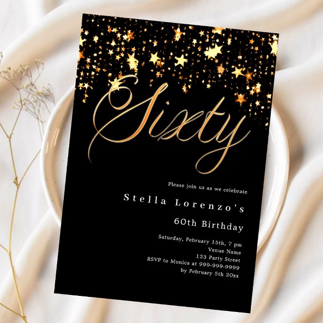 Black gold stars script 60th birthday luxury invitation (Creator Uploaded)