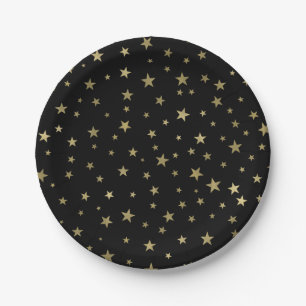 Black & Gold Stars Starry Night Celestial Party Paper Plate