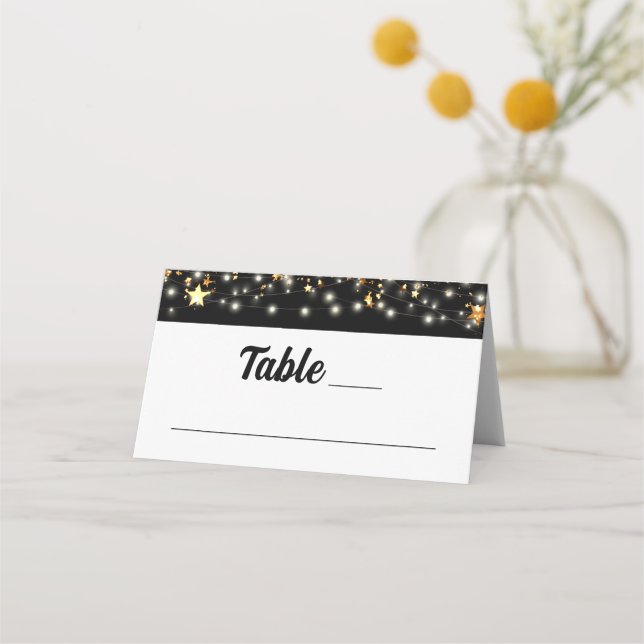 Black Gold Stars String Lights Place Card (Front)
