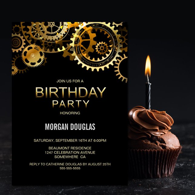 Black Gold Steampunk Watch Gears Birthday Invitation (Creator Uploaded)