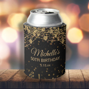 Black Gold String Lights Glitter Adult Birthday Can Cooler