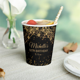 Black Gold String Lights Glitter Adult Birthday Paper Cups