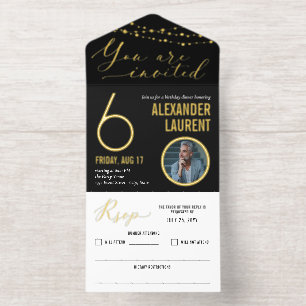 Black Gold String Lights Photo Milestone Birthday All In One Invitation