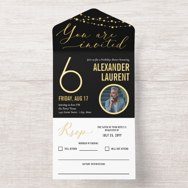 Black Gold String Lights Photo Milestone Birthday All In One Invitation (Inside)