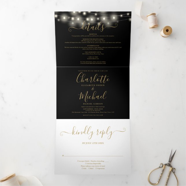 Black Gold String Lights Script Monogram Wedding Tri-Fold Invitation (Inside)